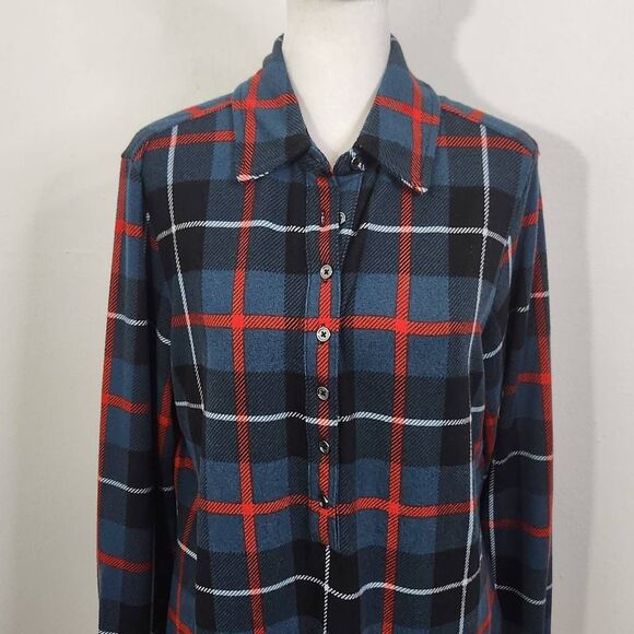 D&Co. Teal Blue and Red Plaid Half Button-Up Top Size Small Plaid Flannel Shirt - Picture 2 of 6